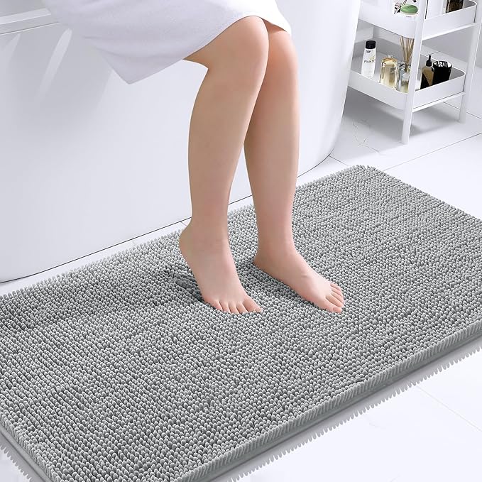 OLANLY Bathroom Rugs 44x24, Extra Soft Absorbent Chenille Bath Rugs, Rubber Backing Quick Dry, Machine Washable Bath Mats for Bathroom Floor, Tub and Shower, Home Decor Accessories, Light Grey
