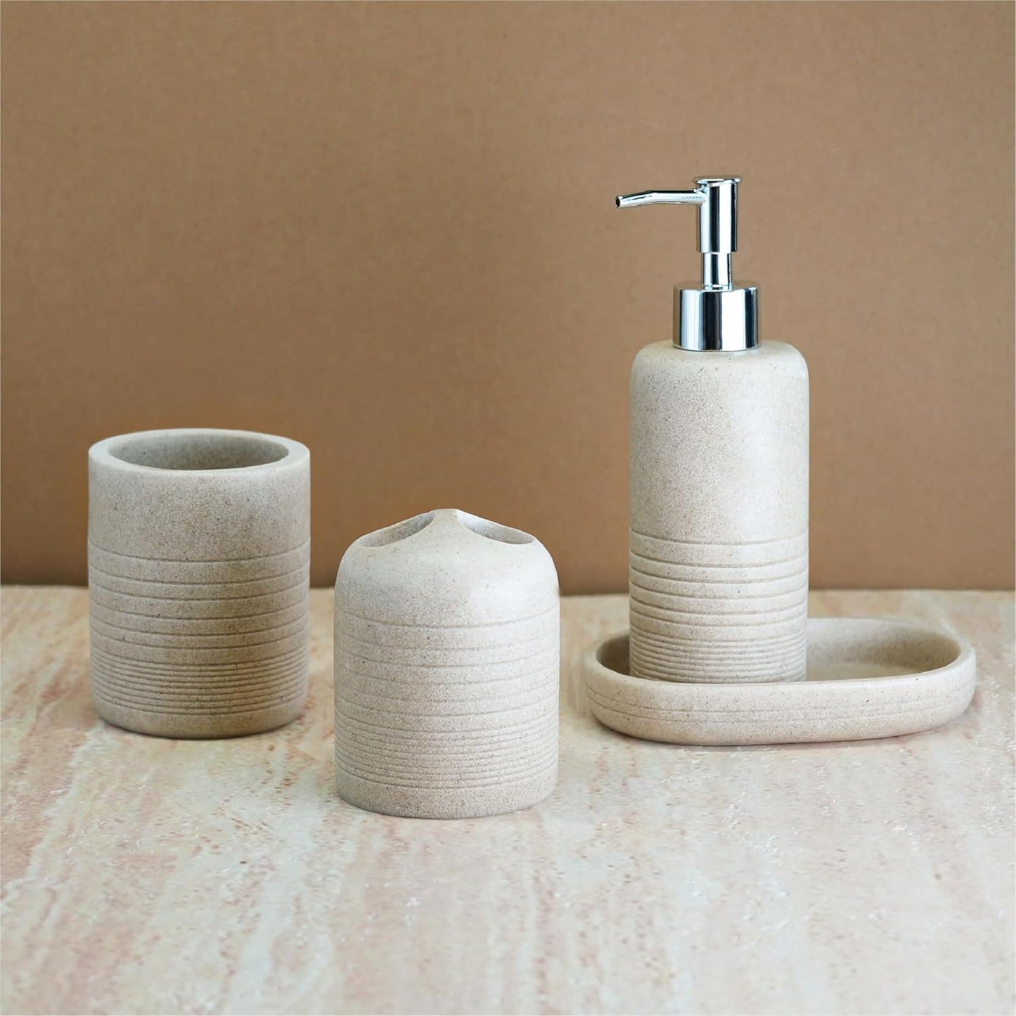 4-Piece Bathroom Accessory Set - Modern Resin & Sandstone Collection - Includes Soap Dispenser, Toothbrush Holder, Tumbler, Soap Dish (Beige)