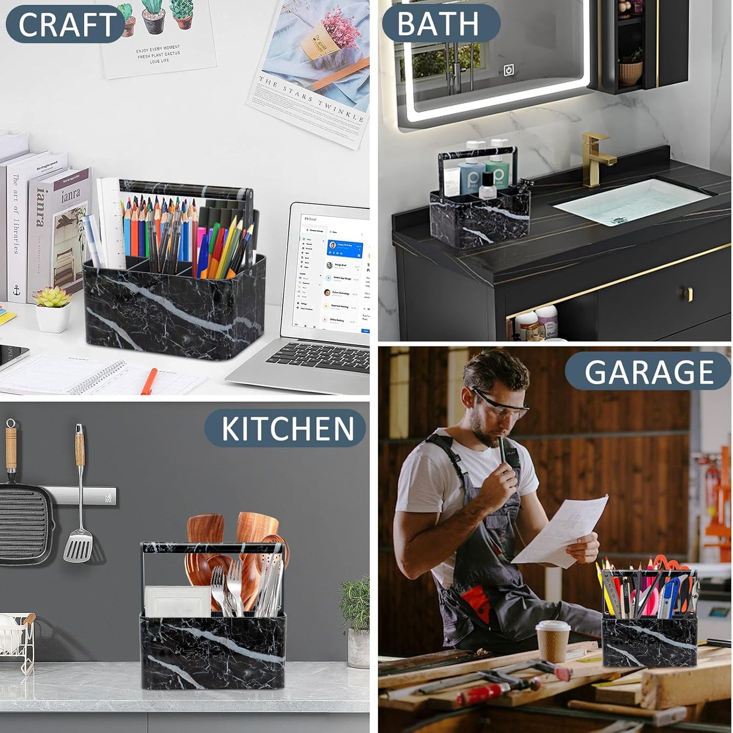 Plastic Shower Caddy Dorm: Portable Bathroom Caddy Organizer for College with Handle and Adjustable Divider, Utility Hard Shower Basket Bath Tote for Toiletry, Shampoo, Soap (Black Marble)