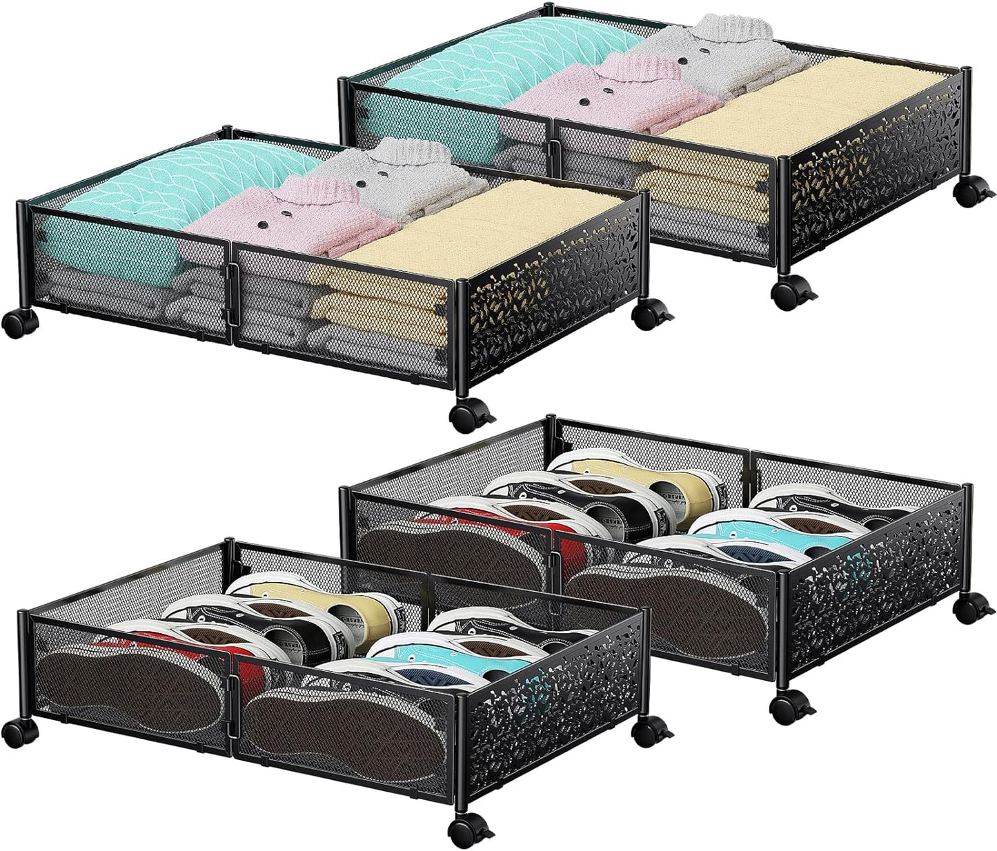 Under Bed Storage, Under the Bed Storage Containers with Wheels, Under Bed Shoe Storage Organizer Drawer for Bedroom Clothes Shoes Blankets -4Pack