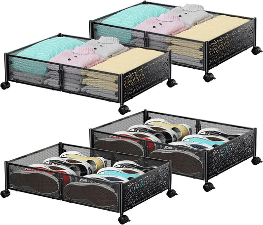 Under Bed Storage, Under the Bed Storage Containers with Wheels, Under Bed Shoe Storage Organizer Drawer for Bedroom Clothes Shoes Blankets -4Pack