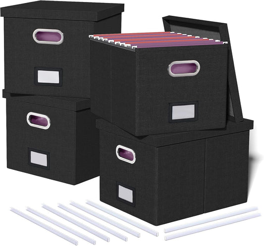 4 Pack File Storage Organizer, Document Organizer, Portable File Box with Lid, Fit for Letter/Legal File Folder Storage,Black-Box only