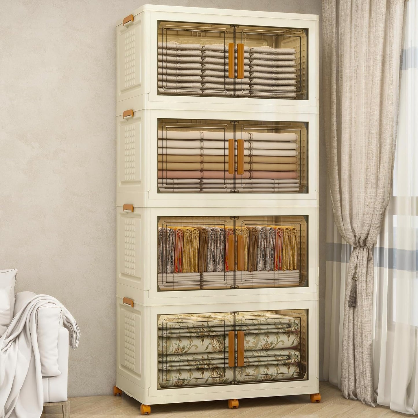 Plastic Stackable Storage Bins with Lids and Wheels, Foldable Closet Organizers and Storage Containers, Collapsible Clear Drawer Storage Cabinet with Doors White 180Gal