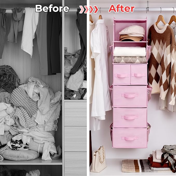 GRANNY SAYS Hanging Closet Organizers and Storage, 6 Shelves Closet Hanging Organizer with 6 Side Pockets, 5 Drawer Storage Organizer, Portable Hanging Shelves for Baby Closet, Pink Shelf