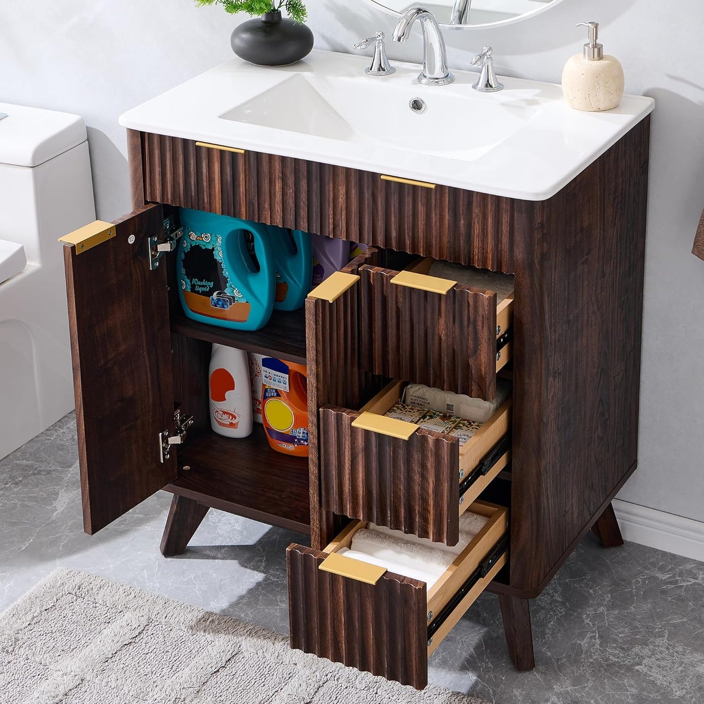 T4TREAM 30" Fluted Bathroom Vanity with Ceramic Sink Combo，Freestanding Modern Bathroom Storage Vanity Cabinet with 2 Soft Closing Doors & 3 Drawers，Wood Grain Texture，Metal Handle，Dark Walnut