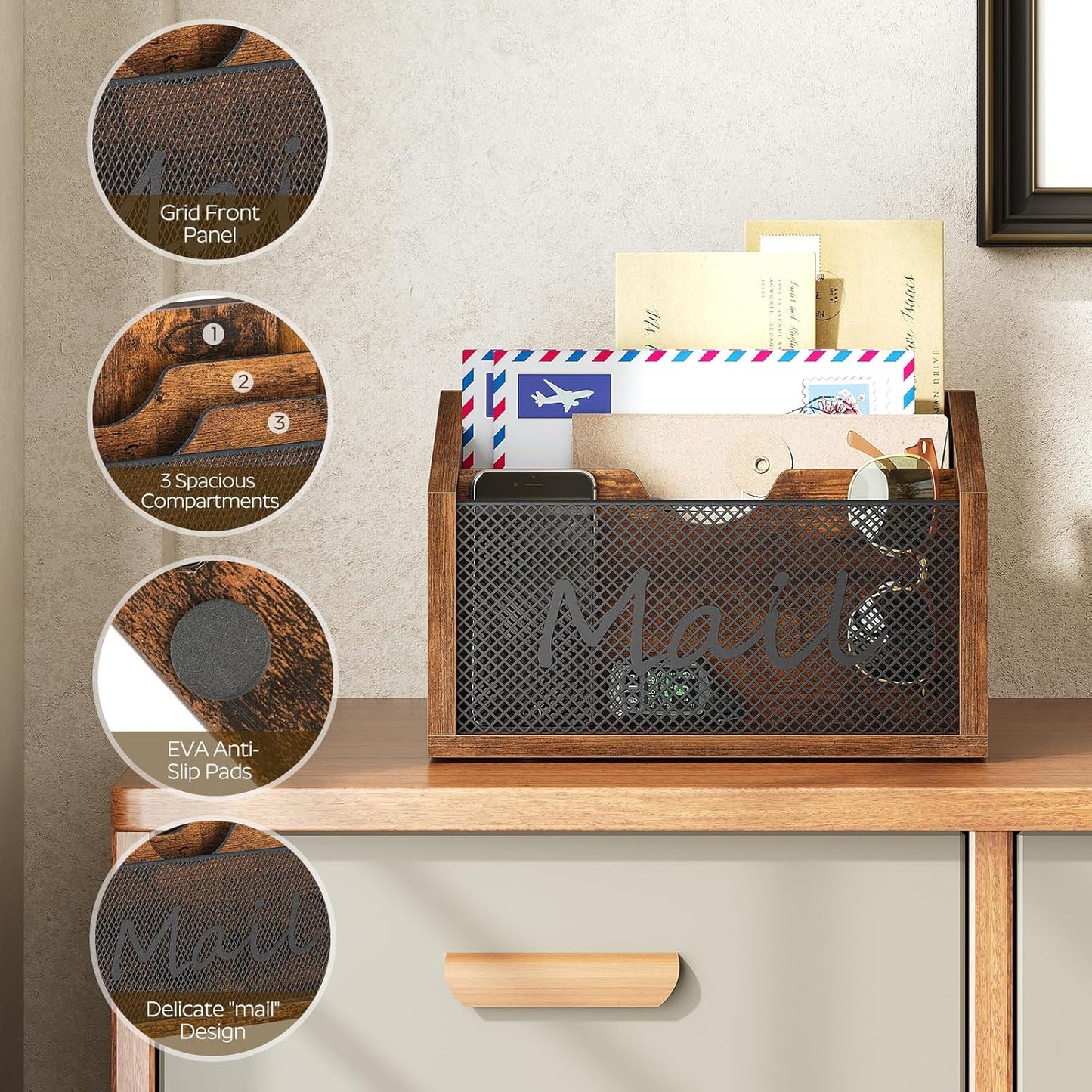 Mail Organizer Countertop, Mail Holder with 3 Slots, Mail Sorter for Desk, Wooden Office Desk Organizer, Mail Organizer for Magazines, Files, Papers, Folders, Rustic Brown and Black MR03BR