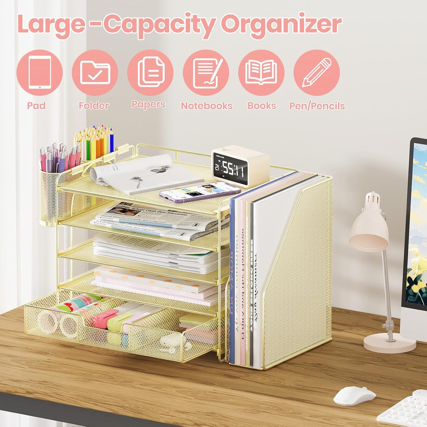 Desk Organizers and Accessories with File Holder, 5-Tier Office Desk Accessories & Workspace Desktop Organizer with Drawer and 2 Pen Holder, File Paper Organizer for Office Supplies(Gold)