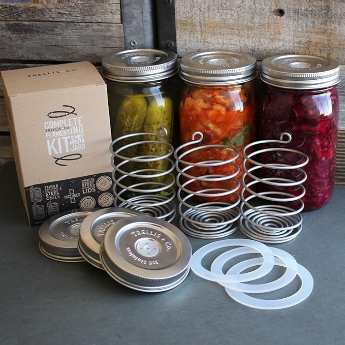 Stainless Steel Fermentation Jar Kit | 3 Waterless Fermenter Airlock Lids & 3 Pickle Helix Fermentation Weights, for Wide Mouth Mason Jars | Recipe eBook Included with Fermenting Kit
