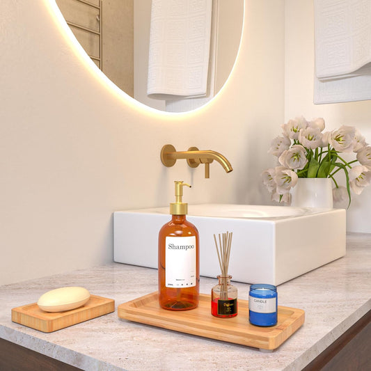Bamboo Bathroom Accessories Set 2pcs - Wooden Bar Soap Dish Holder and Bamboo Tray for Bathroom, Kitchen Countertop, Shower, Neutral Kitchen Sink Dish Soap Tray, 9 inch, Natural