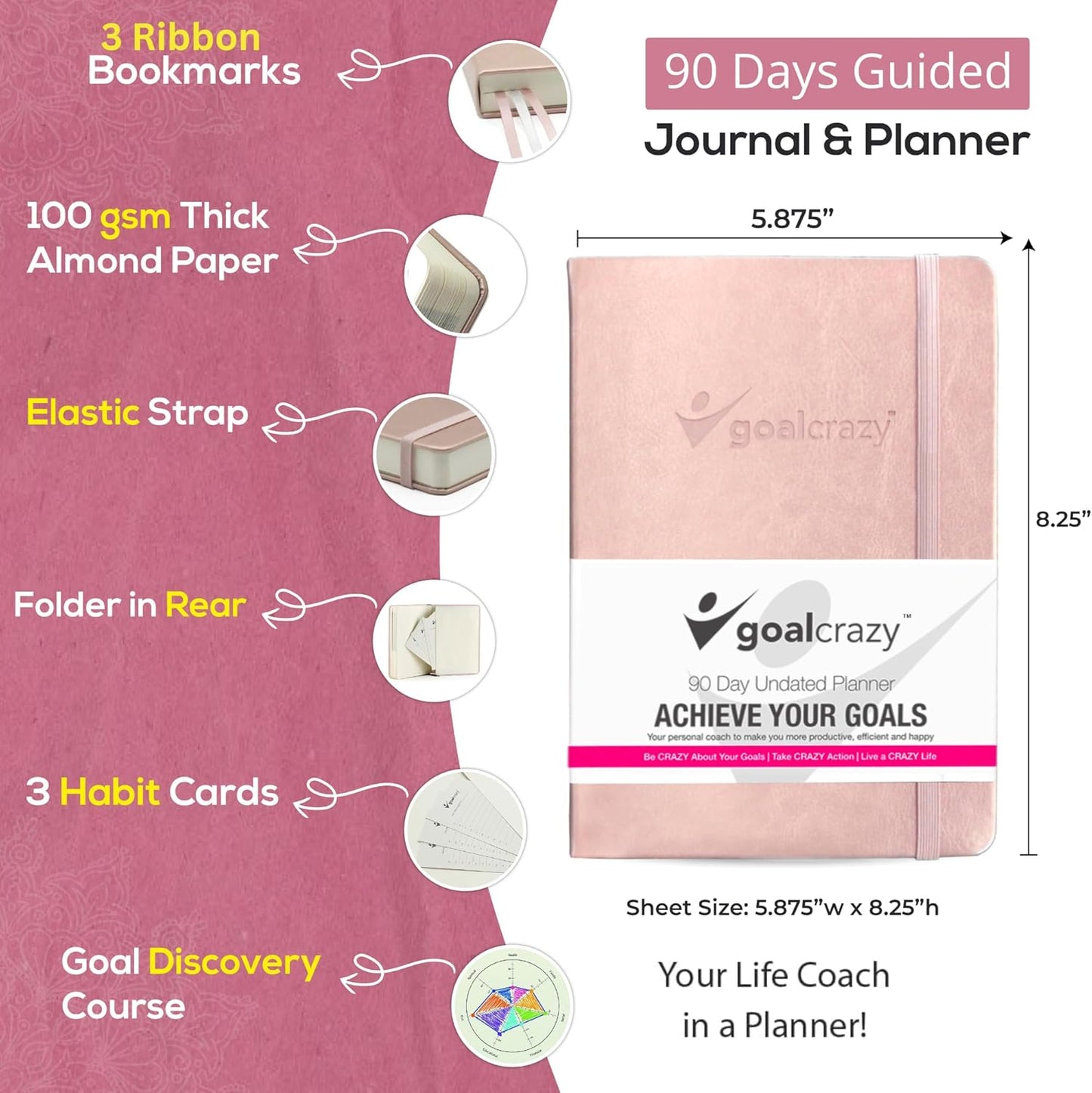 Undated Daily Planner to Achieve Your Goals 2025-2026 - 90 Day Guided Journal & Productivity Organizer with Goal Setting, Habit Tracker, To Do List, Academic & Work Calendar, Leather Hardcover - Rose Gold