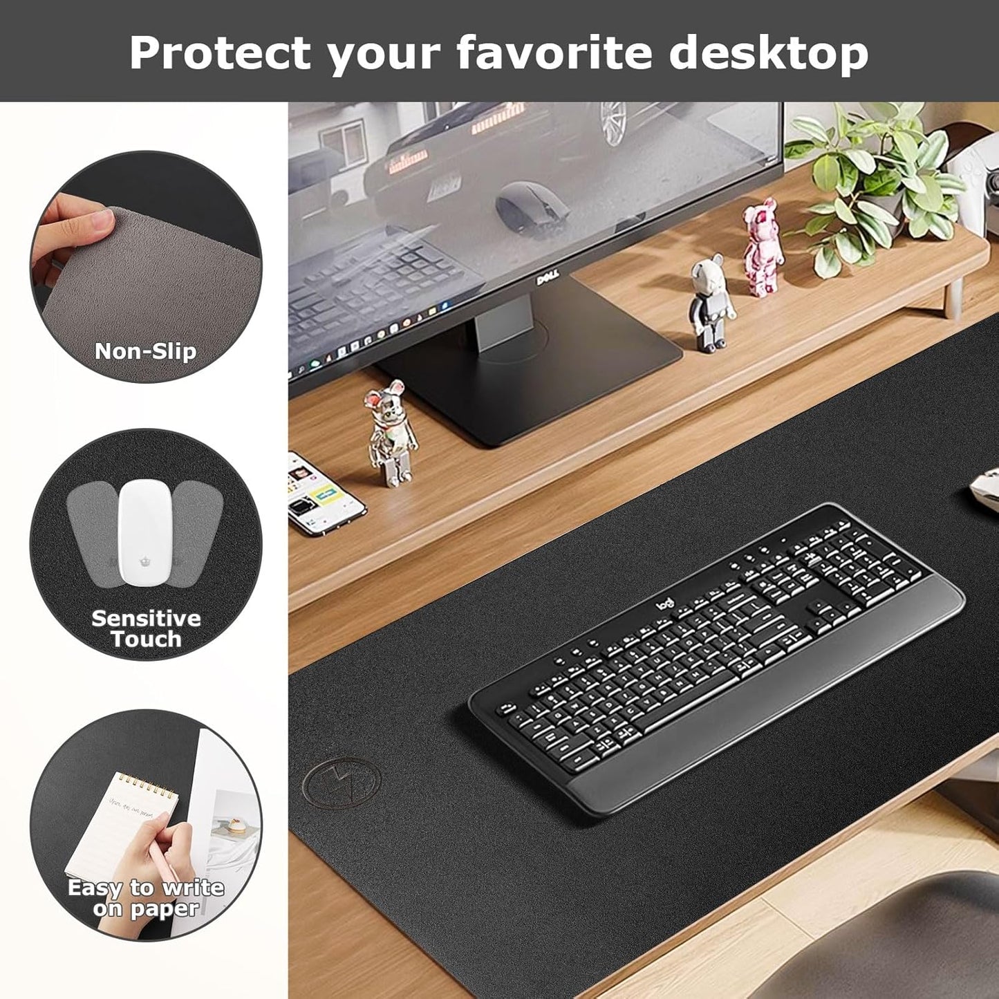 Wireless Charging Mouse Pad Firelison 2 in 1 Leather Multifunctional Office Desk Pad with Non-Slip Rubber Base, Waterproof Desk pad for Computers/Office/Work/Home/Decor（ 32" x 16"Black - L）