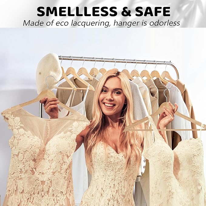 Wooden Hangers 30 Pack, Durable Wood Hangers with 360° Swivel Hook & Notches, Slim Coat Hanger Wooden for Closet, Smooth Wood Clothes Hanger with Pant Bar, Natural