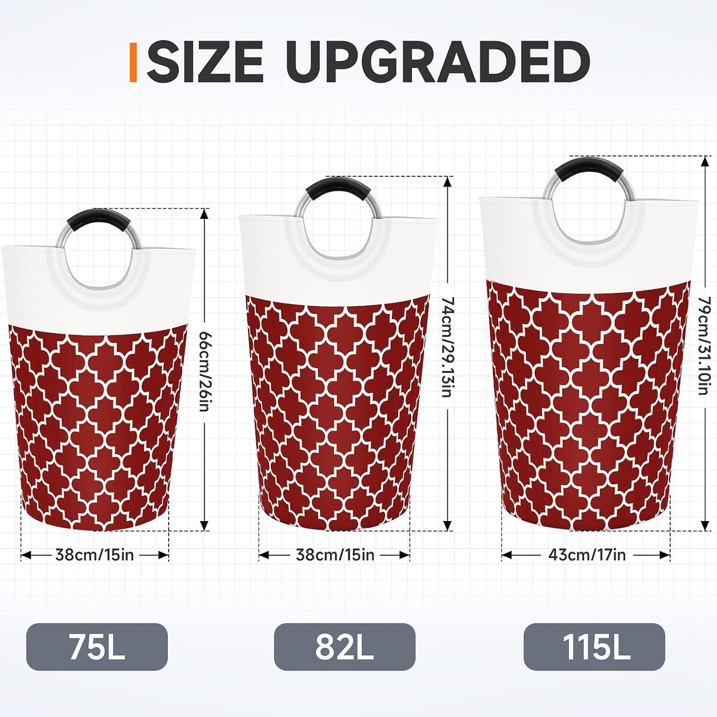 Large Laundry Basket Laundry Hamper Bag Washing Bin Clothes Bag Collapsible Tall with Handles Waterproof Travel Bathroom College Essentials Storage for College Dorm, Family, 115L (Red)