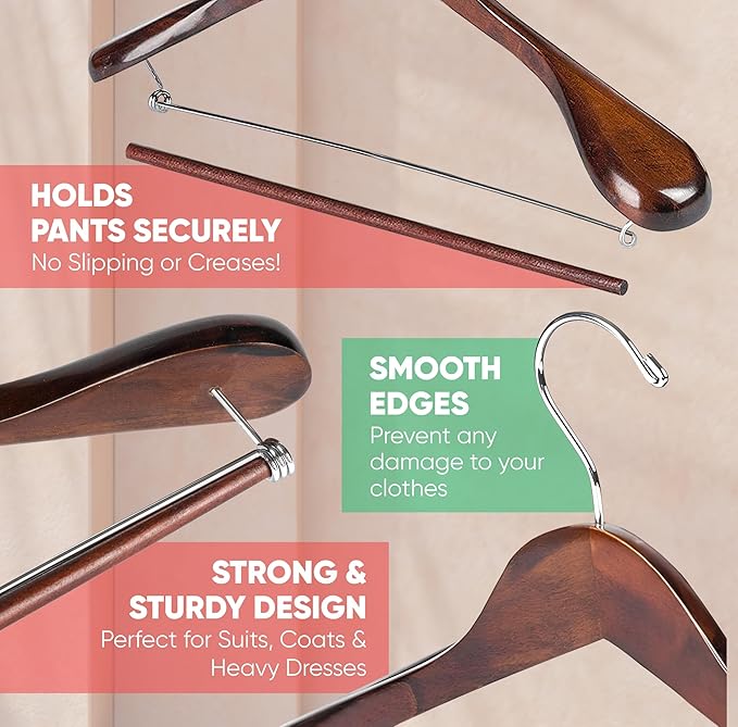 Suit Hangers for Men 6 Pack Wide Shoulder Hanger Smooth Finish Wooden Suit Hanger for Men and Women Coat Hangers 360° Swivel for Dress Jacket Non Slip Pant bar with Locking bar