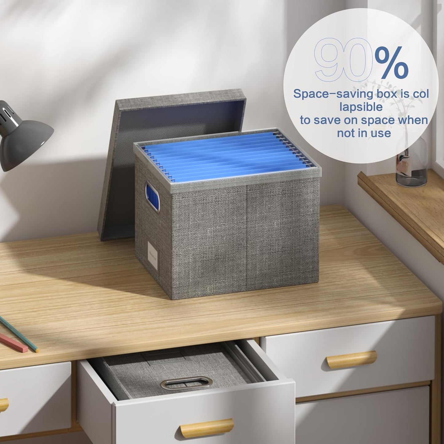 File Organizer Box - File Boxes for Hanging Files with Lid Set of 3 Decorative Hanging Folders Organizer with One-Piece Plastic Frame Slides (Grey, 13.2 * 10.1 * 10.1in(3Pack))