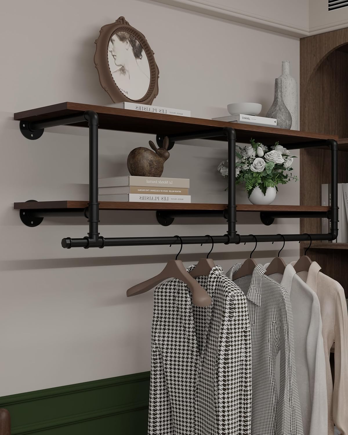 Wall Mounted Clothes Rack 12 Inch Deep, 48 Inch Heavy Duty Garment Rack with Real Walnut Wood Shelf, Multi-Purpose Hanging Rod & Space-Saving Closet Storage Organizer