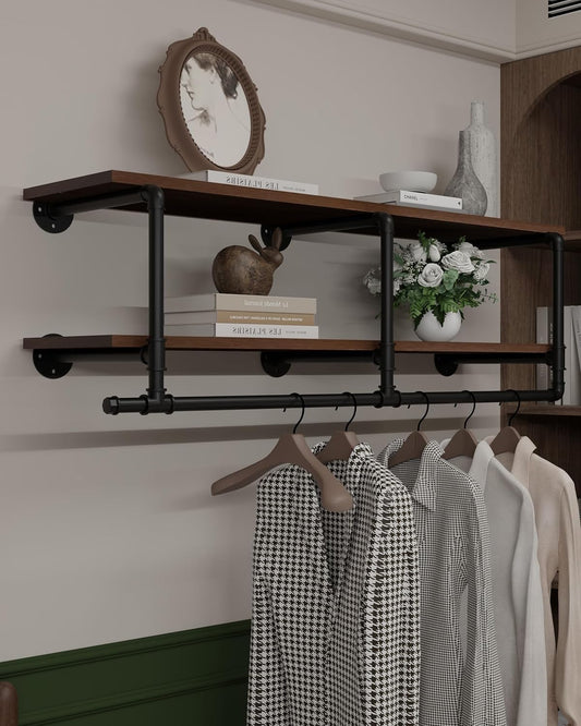 Wall Mounted Clothes Rack 12 Inch Deep, 48 Inch Heavy Duty Garment Rack with Real Walnut Wood Shelf, Multi-Purpose Hanging Rod & Space-Saving Closet Storage Organizer