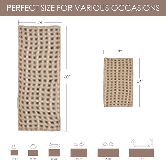 KGORGE Waffle Bath Mat, Non Slip 17" X 24" Farmhouse Ultra Soft Bathroom Rugs for Bathroom Decor, Boho Super Absorbent with Tassels Rubber Backed Shower Mats for Floor Bathtubs, Brown, 1pc
