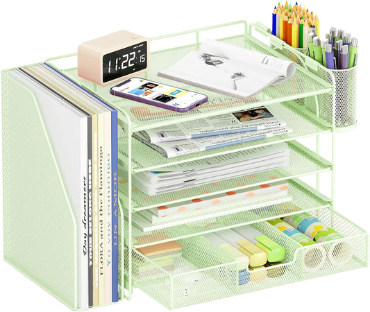 Desk Organizers and Accessories with File Holder, 5-Tier Office Desk Accessories & Workspace Desktop Organizer with Drawer and 2 Pen Holder, File Paper Organizer for Office Supplies(Green)