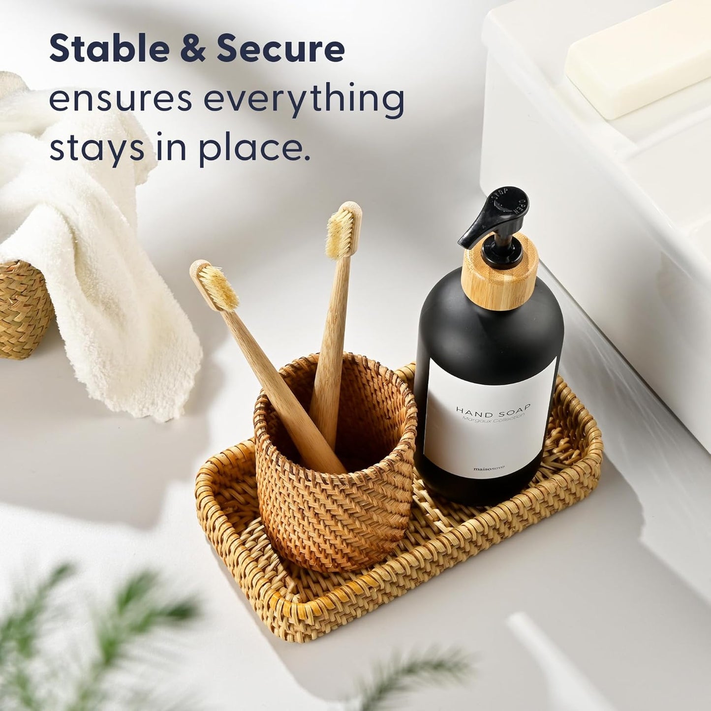 MaisoNovo Rattan Bathroom Set - Black Countertop Dispenser, Toothbrush Holder & Toothpaste Cup with Tray - Set of 3 - Rattan Bathroom Vanity Trays Rectangle for Storage