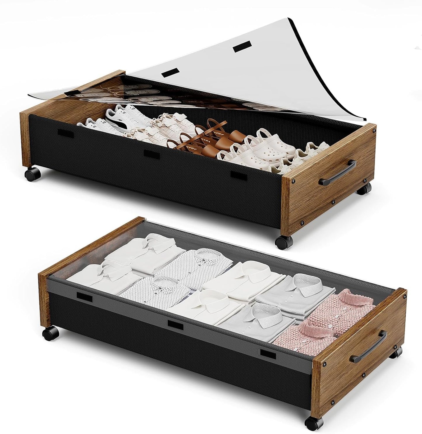 KITHELP Wooden Under Bed Storage with Wheels, Rolling Under the Bed Storage Bins with Removable Lid, Metal Under Bed Drawers for Clothes and Shoes in Bedroom or Living Room(Walnut Brown-2pack)