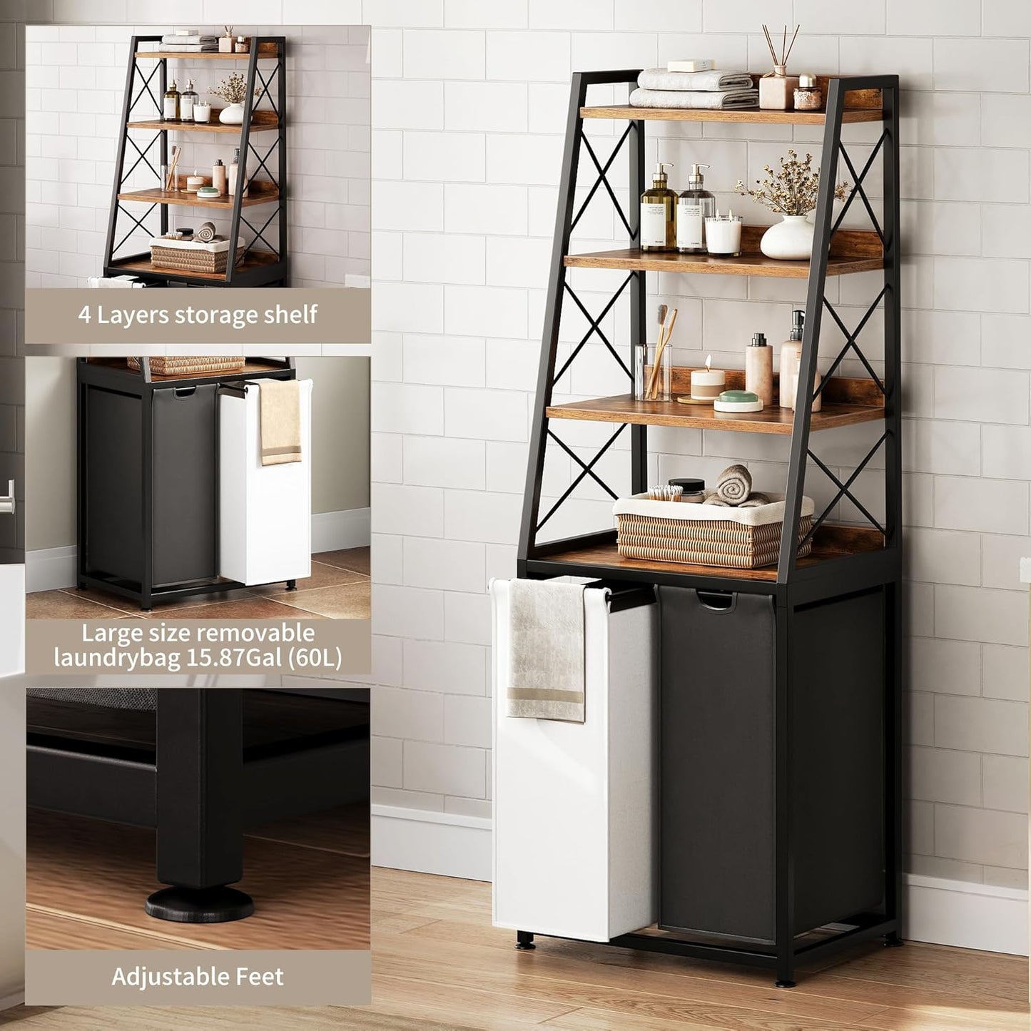 Laundry Basket, 2 Section Laundry Hamper with 4 Tiers Shelf, Pull-Out and Removable Laundry Bags, Large 2 x 15.87 Gallons, for Bedroom Bathroom Rustic Brown PF11XLN