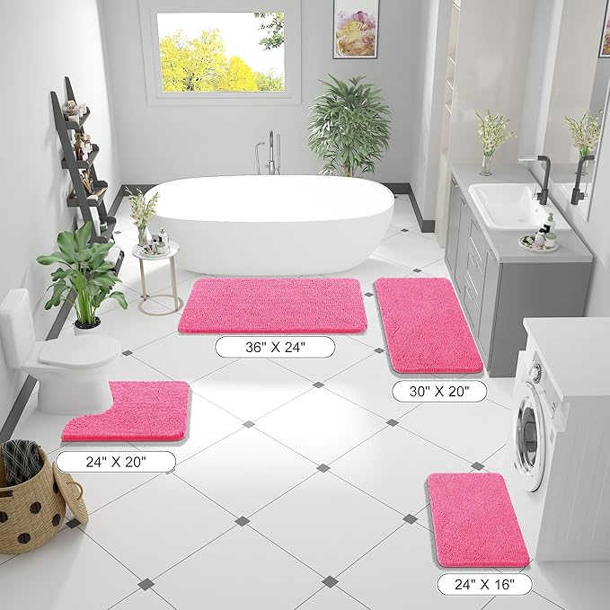 OLANLY Bathroom Rugs 59x20, Extra Soft Absorbent Chenille Bath Rugs, Rubber Backing Quick Dry, Machine Washable Bath Mats for Bathroom Floor, Tub and Shower, Home Decor Accessories, Hot Pink