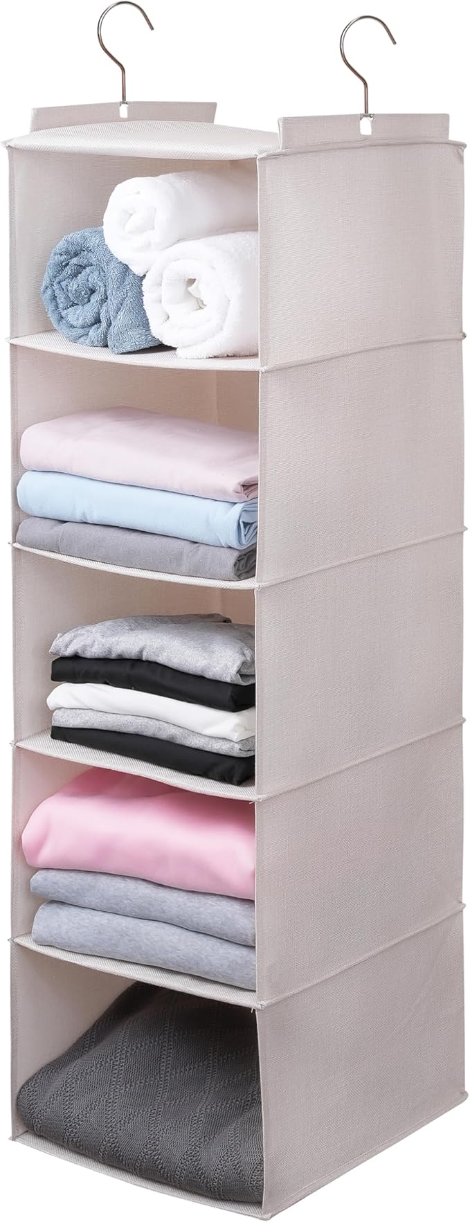 Large Hanging Sweater Organizer for Closet,Collapsible 6-Shelf Hanging Closet Shelves with Drawers, Washable (Beige -5 Shelf)