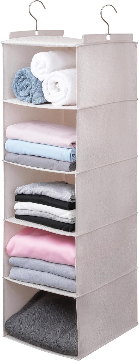 Large Hanging Sweater Organizer for Closet,Collapsible 6-Shelf Hanging Closet Shelves with Drawers, Washable (Beige -5 Shelf)