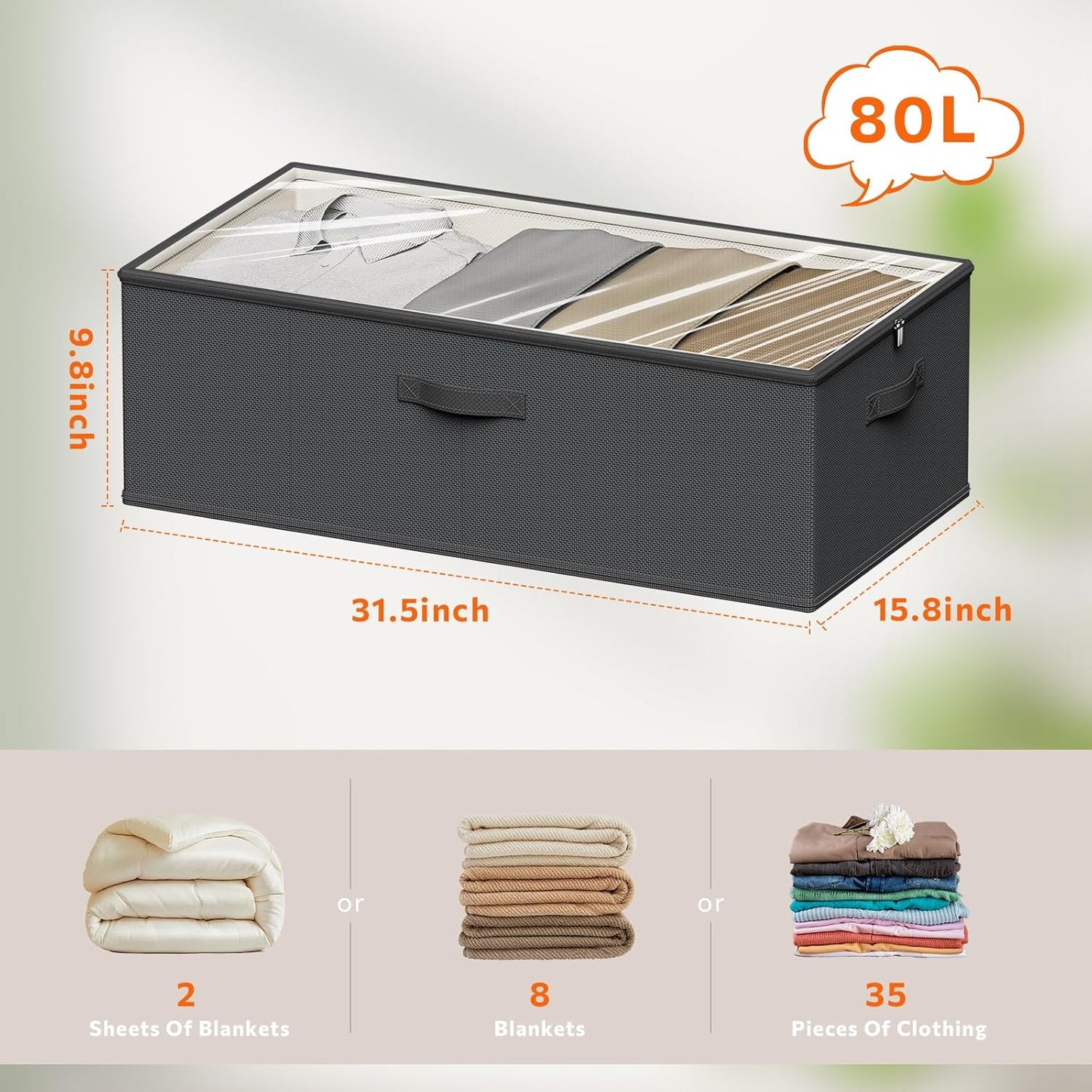 2 Pack Under Bed Storage Containers, 10 Inch Tall Underbed Clothes Storage Organizer Bin with Clear Window，Foldable Box Basket for Clothes, Closet, Bed Sheets and Blankets Black