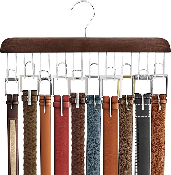 Umo Lorenzo Premium Wooden Tie and Belt Hanger - Gift Set for Men - Walnut Wood Organizer and Storage Rack
