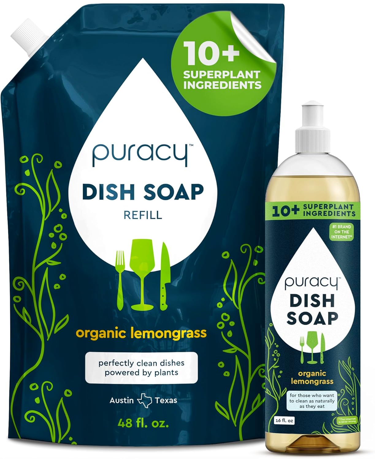 Puracy Natural Dish Soap Refill - Skin-Softening Plant-Based Liquid Dishwashing Detergent Soap, Clean-Rinsing Water-Sheeting Formula (Organic Lemongrass, 16+48 fl oz)