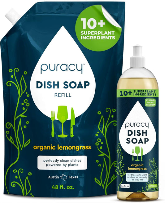 Puracy Natural Dish Soap Refill - Skin-Softening Plant-Based Liquid Dishwashing Detergent Soap, Clean-Rinsing Water-Sheeting Formula (Organic Lemongrass, 16+48 fl oz)