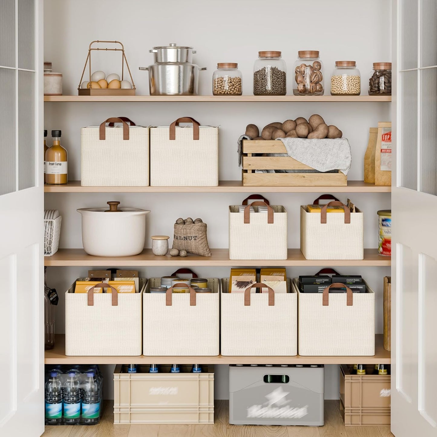 StorageWorks Storage Bins, Shelves Baskets for Organizing, 45L Extra Large Fabric Closet Organizers with Handles, Metal Frame, Beige（Texture）, 2-Pack