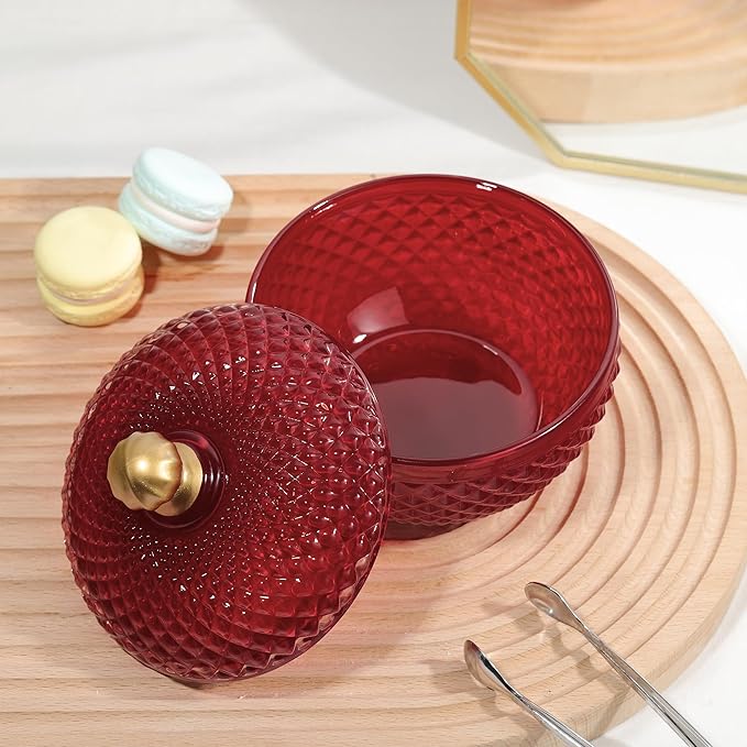 Joeyan 12 oz Small Red Glass Jewelry Box Jars with Lid,Embossed Glass Candy Dishes,Diamond Faceted Food Container,Decorative Apothecary Canisters,Colored Kitchen Bathroom Buffet Storage Organizer