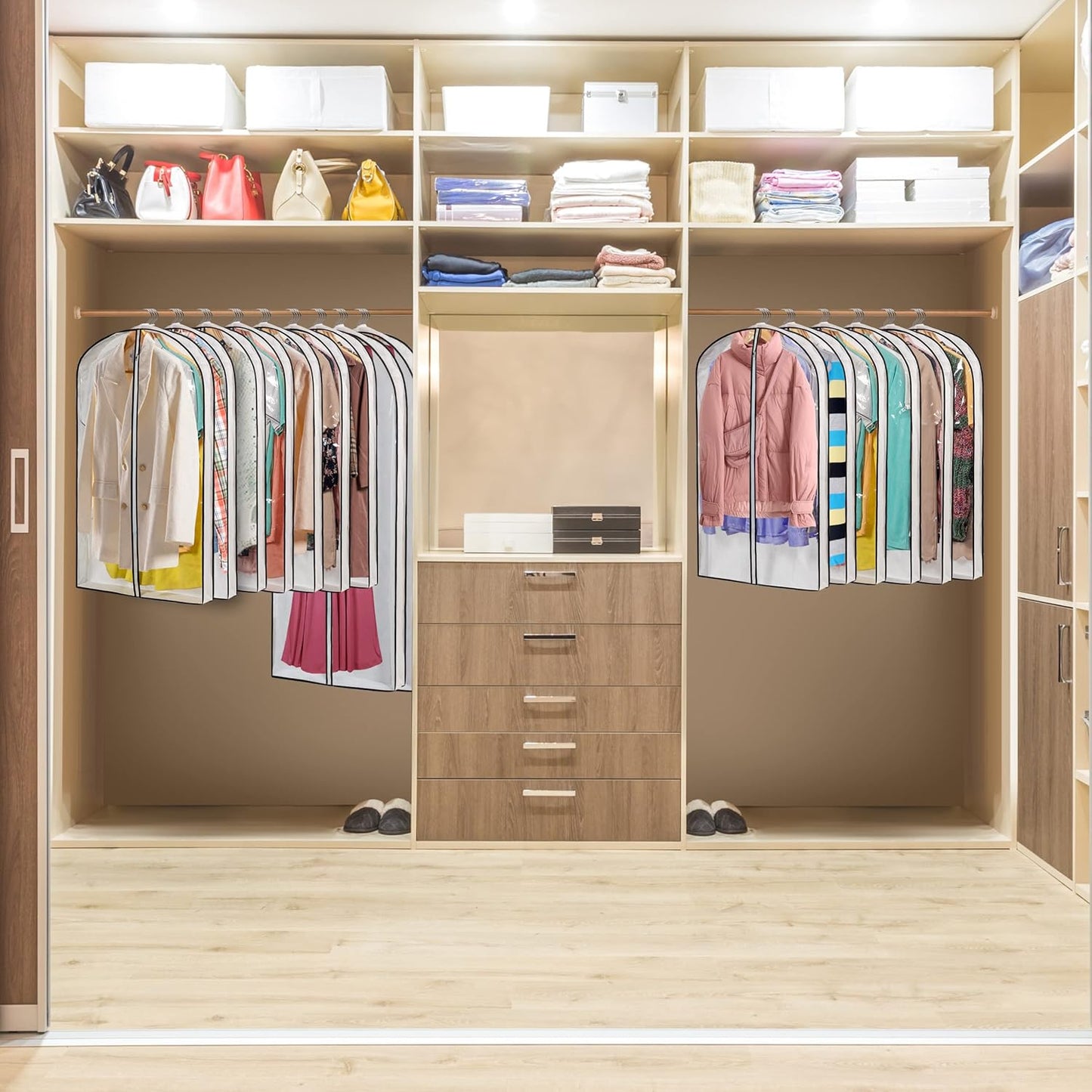 Hanging Clothes Storage with 4" Gusseted Garment Covers (Set of 6) - Clear Suit, Dress, Sweater, Shirt Protectors - 24"x 40"x 4" / 6 Pack