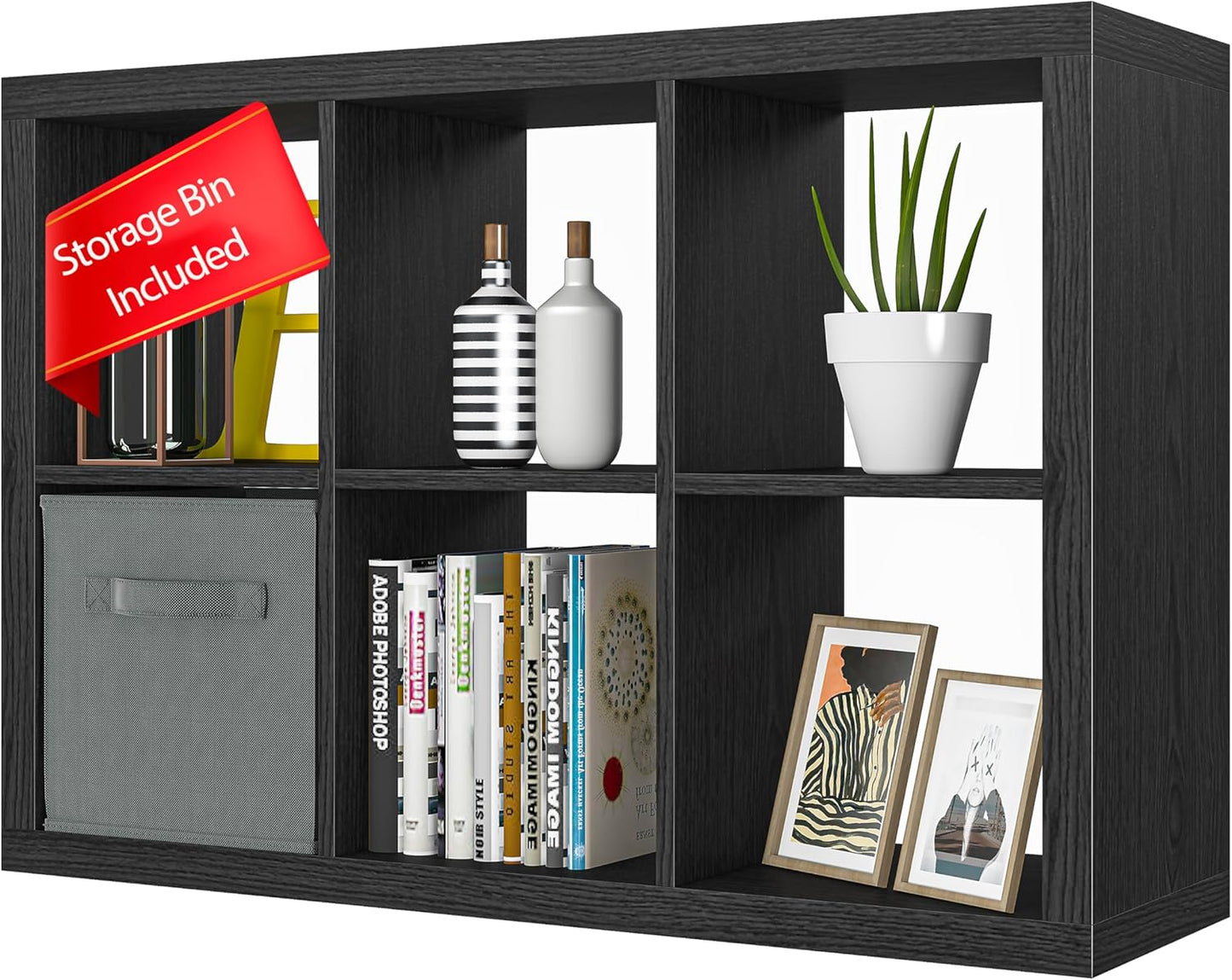 Bookshelf with Storage Bin, 6-Cube Storage Organizer, Modern Wood Open Bookcase, Multifunctional Display Shelf for Living Room, Bedroom, Home Office, Black