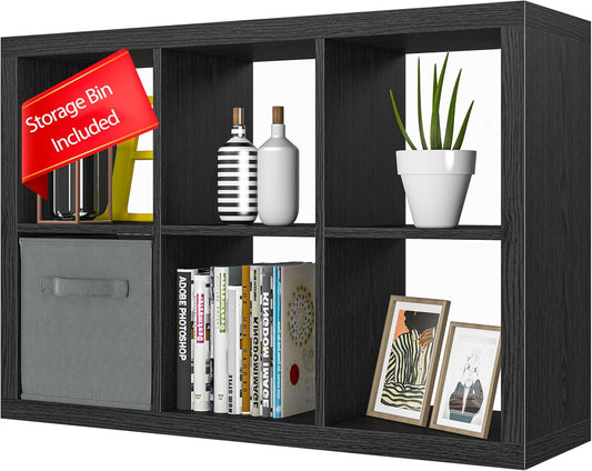 Bookshelf with Storage Bin, 6-Cube Storage Organizer, Modern Wood Open Bookcase, Multifunctional Display Shelf for Living Room, Bedroom, Home Office, Black