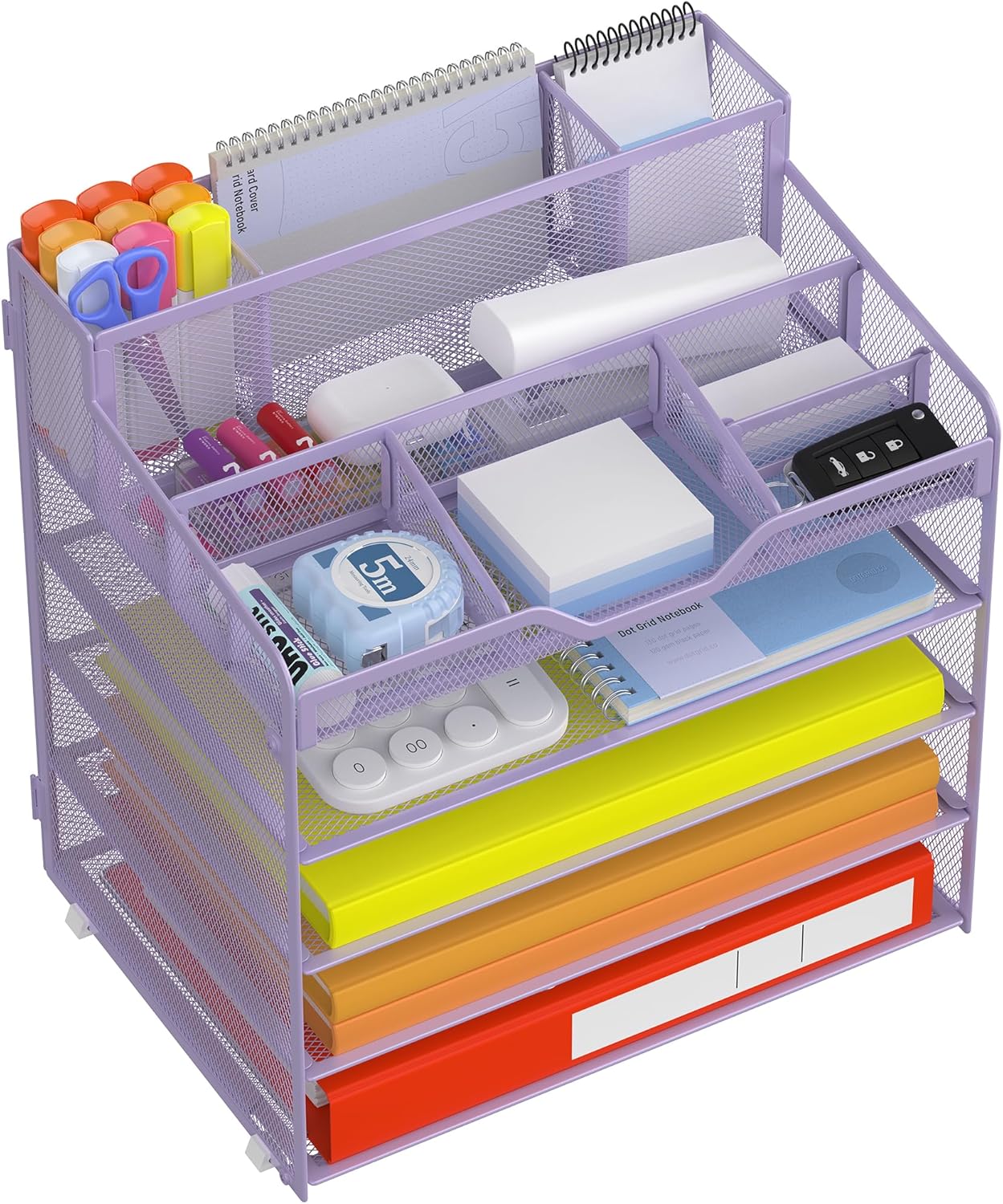 Docnest 5 Tier Mesh Desk Organizer for Paper Office Supplies – Multi-Functional Letter Tray with 5 Adjustable Compartments, 3 Pen Holders, Desktop Storage for Files, Mail, Stationery – Purple