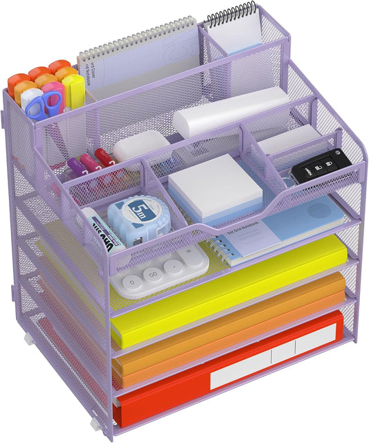 Docnest 5 Tier Mesh Desk Organizer for Paper Office Supplies – Multi-Functional Letter Tray with 5 Adjustable Compartments, 3 Pen Holders, Desktop Storage for Files, Mail, Stationery – Purple