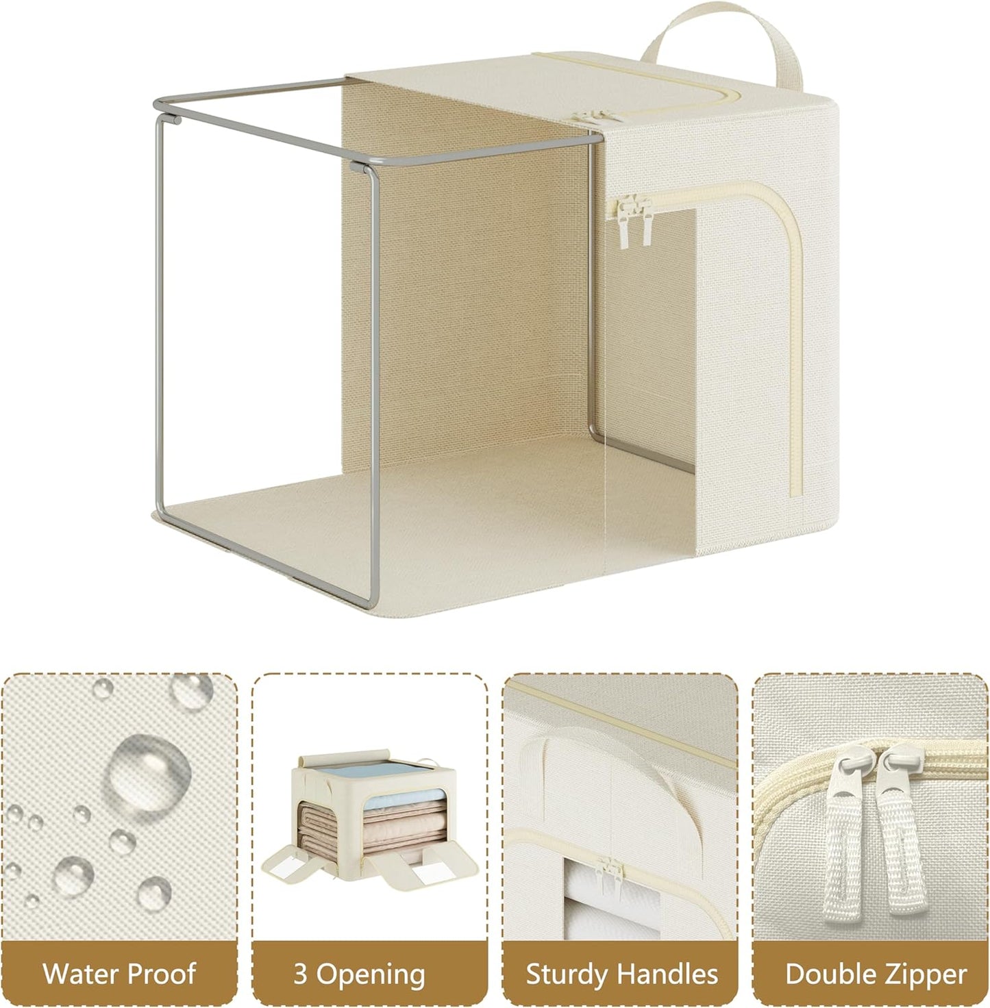 Pinkpum 3 Pack Clothes Storage Bins with Metal Frame, Closet Organizers and Storage Boxes, Stackable & Foldable Clothes Organizer Bags with Large Clear Window & Long Carry Handles, Beige 40L