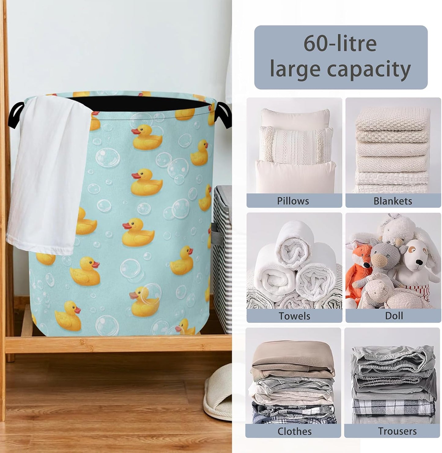 Cute Duck Laundry Basket,Foldable with Handles Tote Bag Oxford Cloth for Bathroom Bedroom Dirty Clothes Storage Bucket 16" x 20.8"