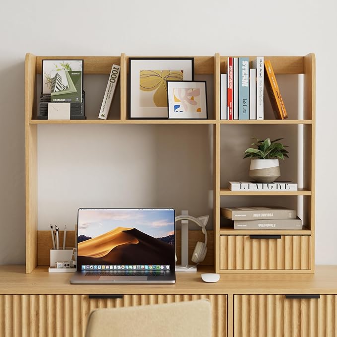 Desktop Bookshelf, Wood Desk Shelf with Fluted Drawer and 5 Shelves, Countertop Desk Hutch for Computer Desk, 3-Tier Display Rack Desk Shelf Storage Organizer for Dorm, Office, Natural Oak