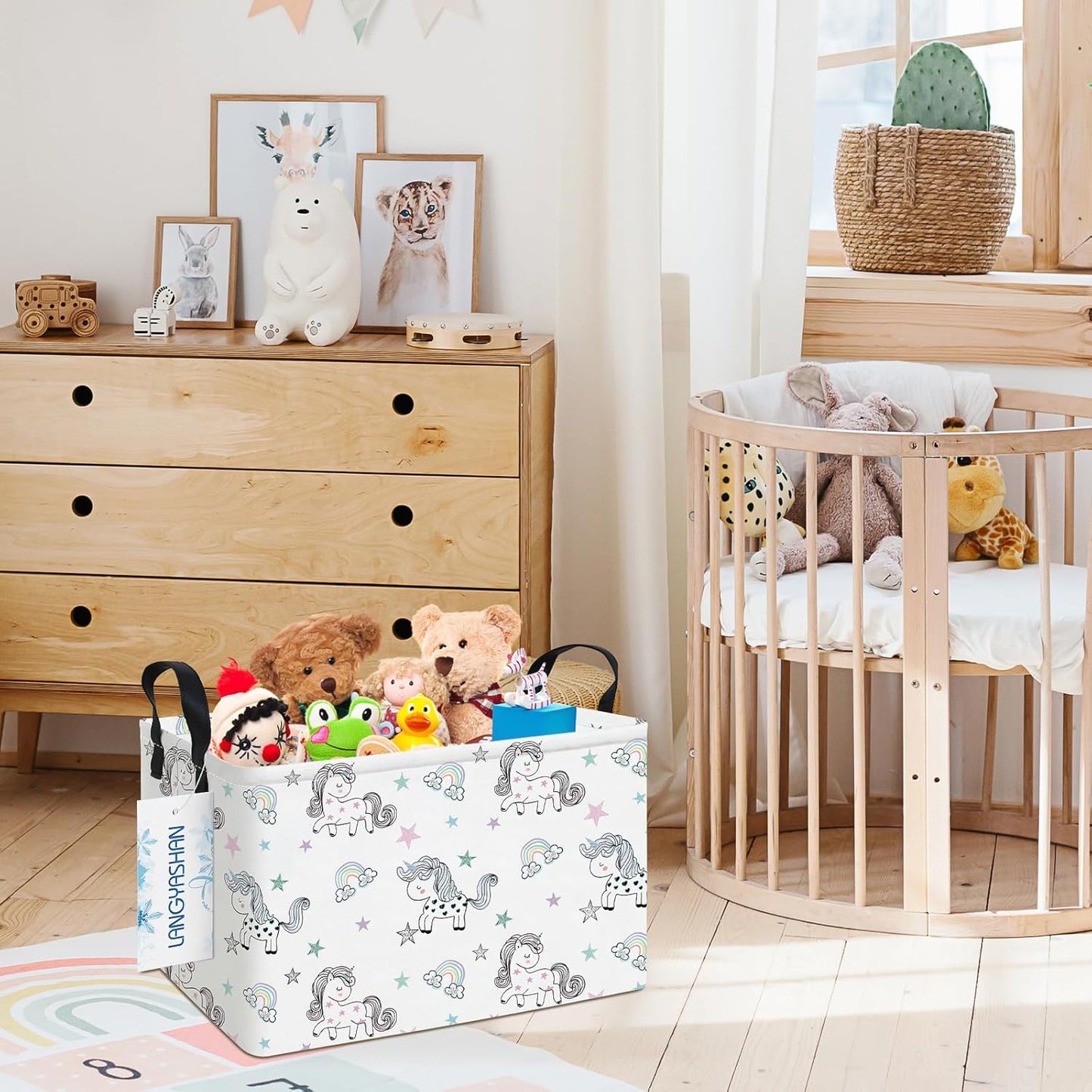 LANGYASHAN Rectangular Storage Bin Collapse Canvas Fabric Cartoon Storage Basket with Handles for Organizing Home Kitchen Boys and Girls Toys Office Closet Shelf Baskets (Rec Rainbow Unicorn)
