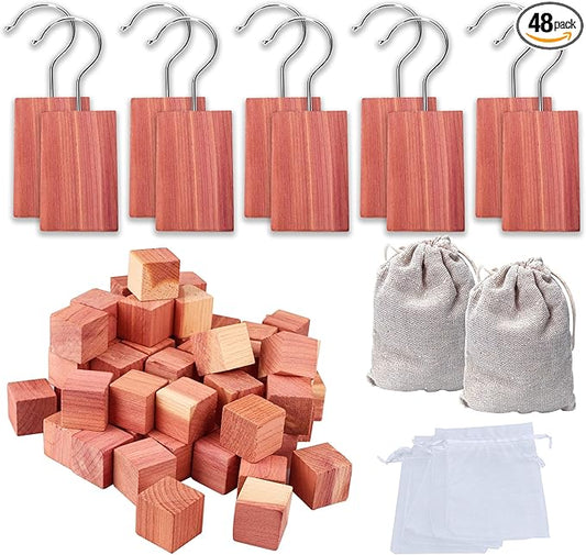 (48pcs) Natural Cedar Wood Cedar Blocks, CedarHanging Chips and Aromatic CedarSachets Moth Protection for Closet Drawers and Wardrobe, CED-ar Blocks for Clothes Storage