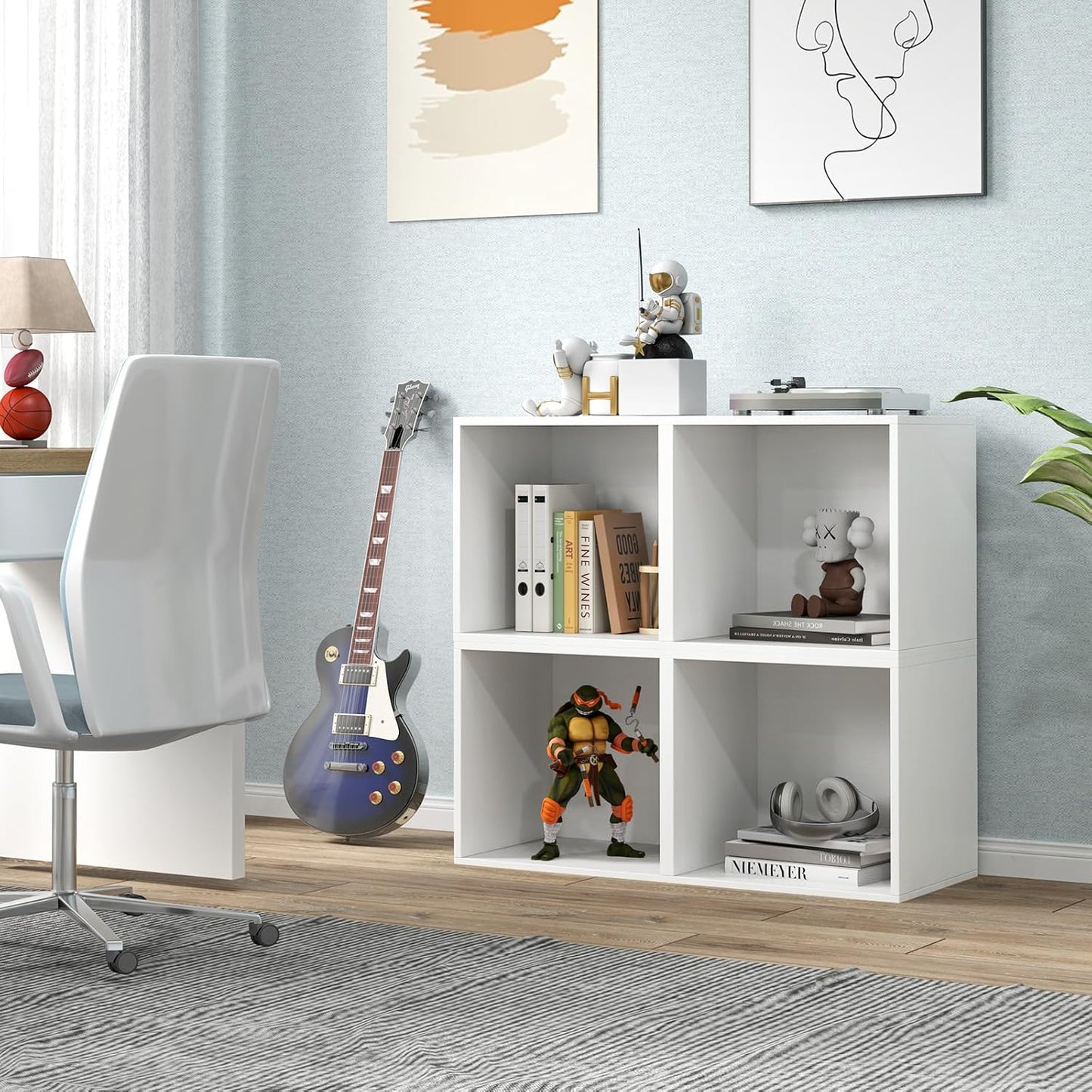 Stackable Cube Bookshelf, Modular Cubby Storage Organizer, Small Bookcase for Small Spaces, Combination Cubical Shelf, Wooden Display Shelving Unit (White, 4-Cube)