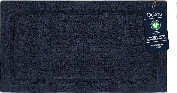 Delara Organic Cotton Reversible Bath Mat – 3000 GSM, GOTS Certified, Ultra-Thick & Super Absorbent | Soft, Plush & Quick-Drying Bathroom Rug (Navy Blue, 30x50)