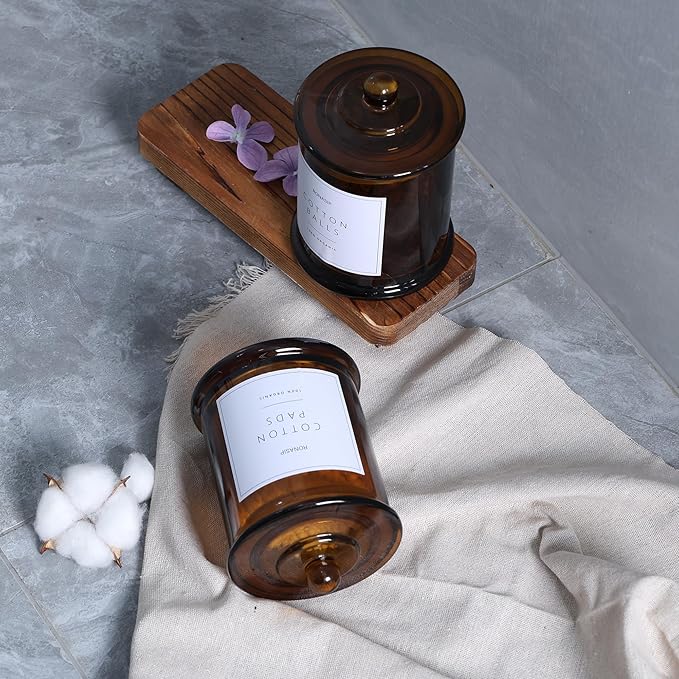 Qtip Holder & Cotton Pad Dispenser, Bathroom Organizer and Storage Canisters, 16oz Glass Apothecary Jars for Kitchen, Restroom - Home Decor Accessories, Room Decor Aesthetic (2 Pack, Amber)