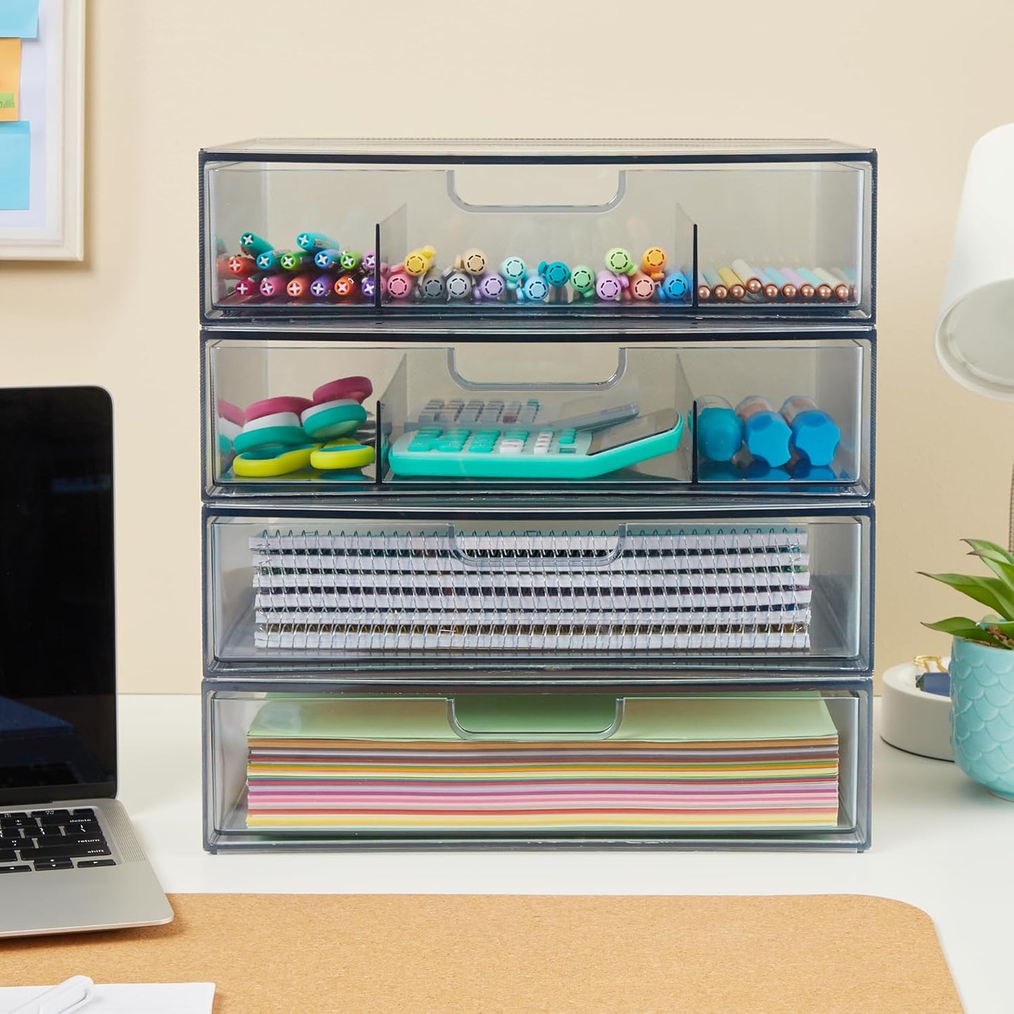 STORi STAX Plastic Stackable Organizer Drawers (Set of 2) Classic Grey | 12.5" Wide | Set Includes One Open Drawer & One Divided Drawer | Organize Office Desk Accessories & Sort Paper | Made in USA