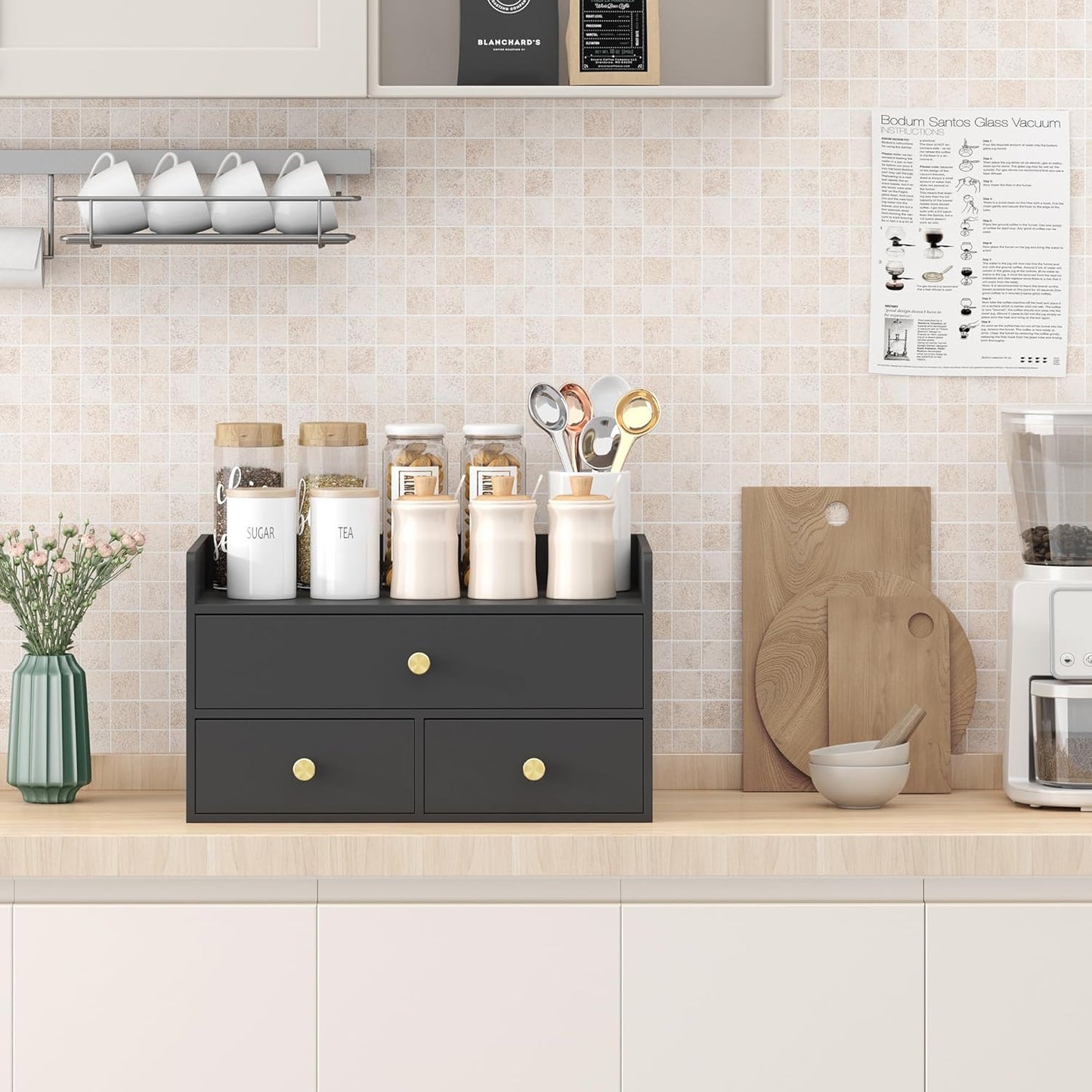 Bamboo Desk Organizer with Drawers Wooden Desktop Storage Drawers for Bills Office Supplies Kitchen Utensils Organizing Tool for Home Classroom Organization No Assembly (3 Drawers, Black)